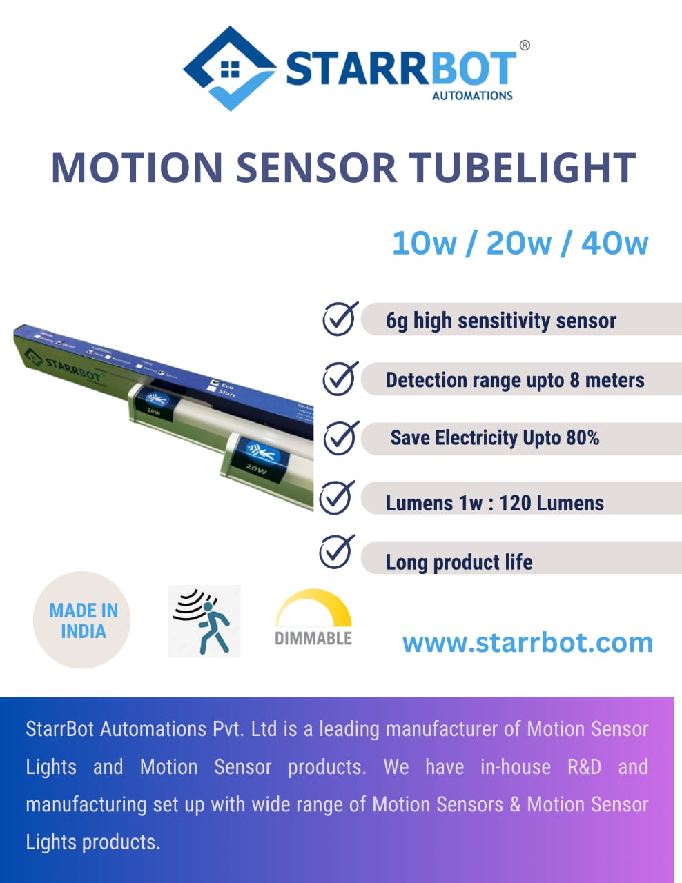 StarrBot - Tube Lights - with Sensor - 4 Feet - 20w